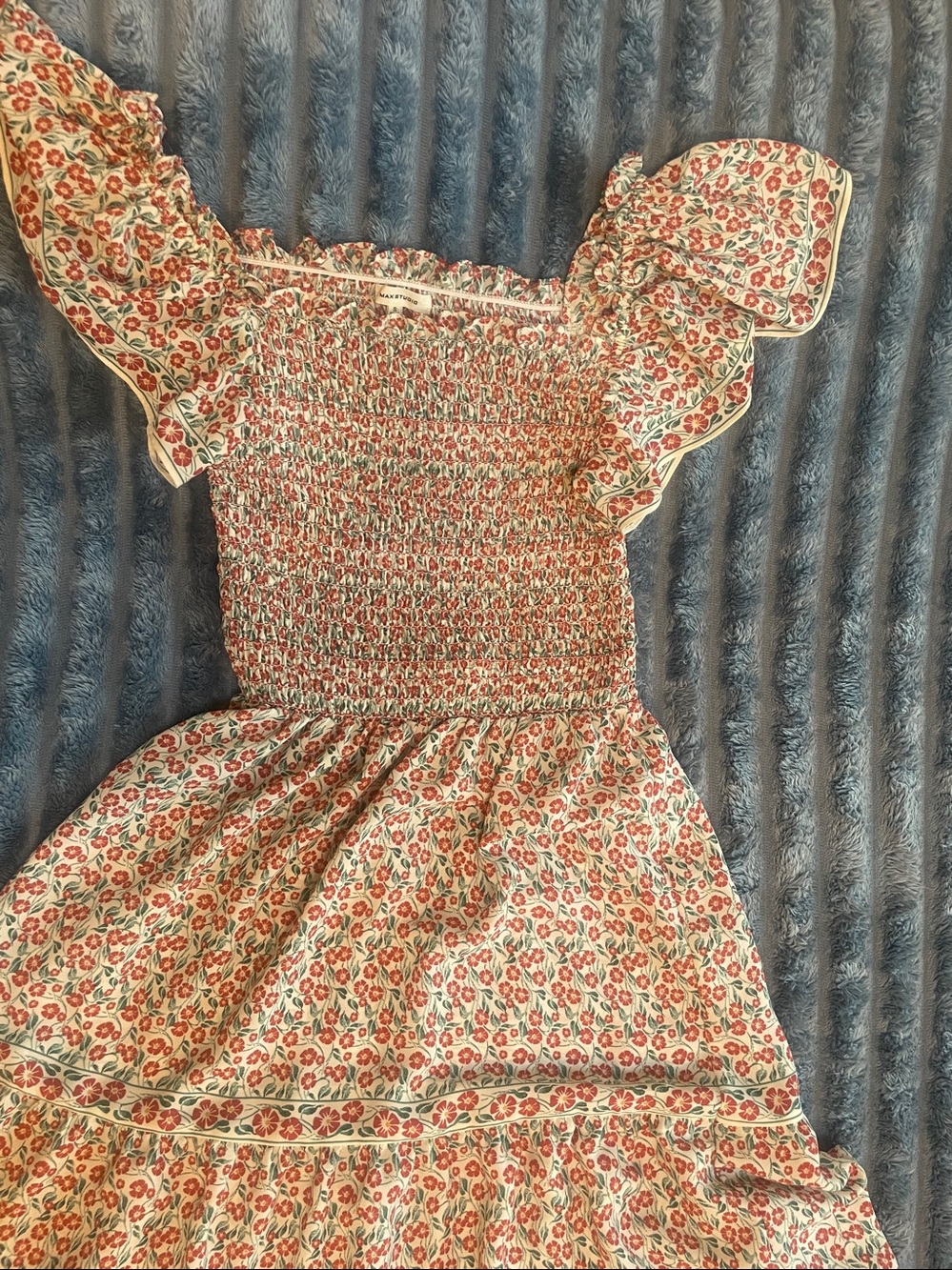 Max Studio Cream Maxi Dress with Red Floral Print and Smocked Bodice